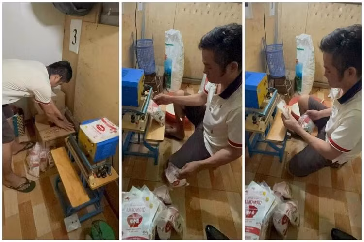 Các công đoạn sản xuất, đóng gói bột ngọt giả do đối tượng Thạch Hiểu thực hiện. Ảnh Znews