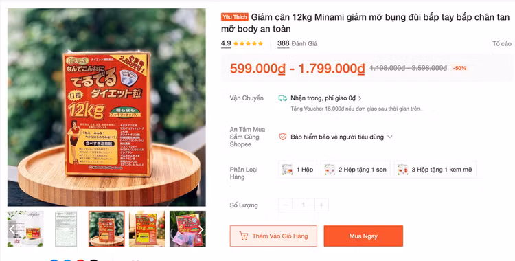 Cục An toàn thực phẩm yêu cầu Shopee gỡ bỏ thông tin về thực phẩm giảm cân 12kg Minami giảm mỡ bụng đang được kinh doanh trên sàn này. Ảnh PLO