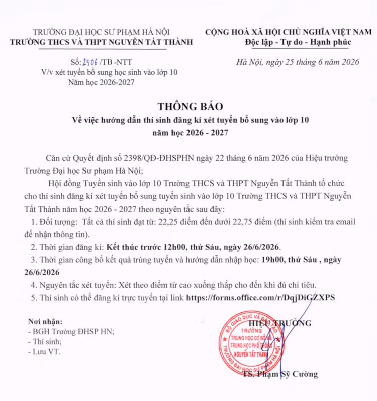 Trường THCS và THPT Nguyễn Tất Thành, thuộc Trường Đại học Sư phạm Hà Nội thông báo đăng ký xét tuyển bổ sung vào lớp 10 năm học 2026-2027.