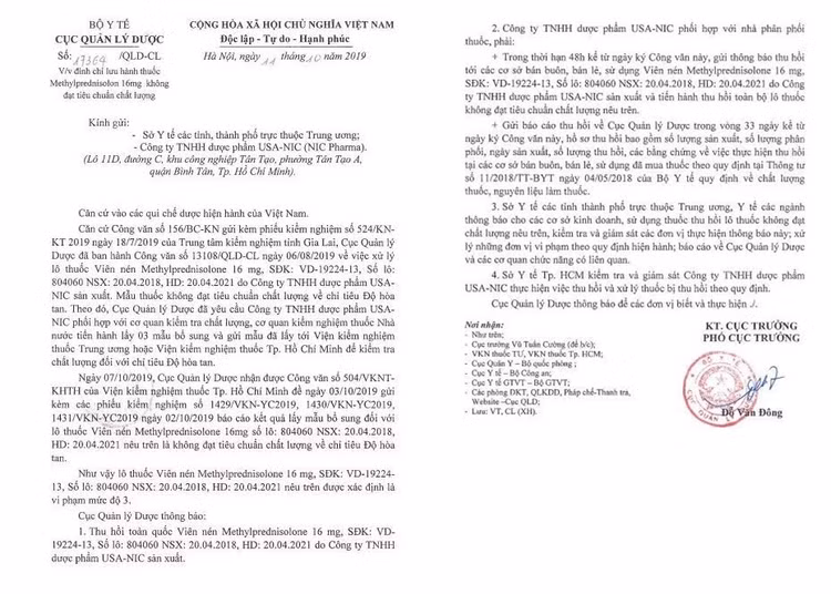 Công văn 17364/QLD-CL ngày 11/10/2019 của Cục Quản lý Dược về việc đình chỉ lưu hành thuốc Methylprednisolon 16mg không đạt tiêu chuẩn chất lượng