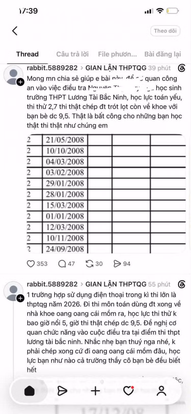 Bài đăng trên mạng xã hội phản ánh nghi vấn liên quan đến kết quả thi môn Toán của một thí sinh tại Trường THPT Lương Tài./ Nguồn: VOV