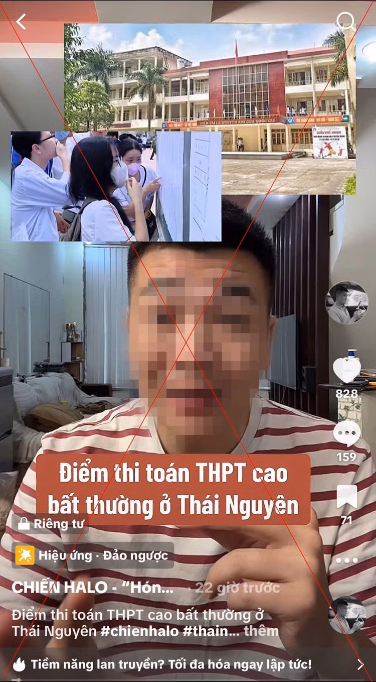 Video đăng tải thông tin sai sự thật trên kênh Tiktok về điểm thi ở Thái Nguyên gây xôn xao dư luận. Ảnh baovanhoa.vn
