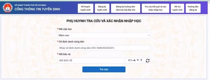 Giao diện màn hình tra cứu kết quả tuyển sinh đầu cấp của TPHCM