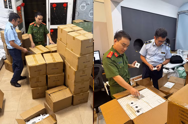 Lực lượng Quản lý thị trường và đơn vị phối hợp tiến hành kiểm đếm, niêm phong hàng hóa vi phạm. Ảnh DMS