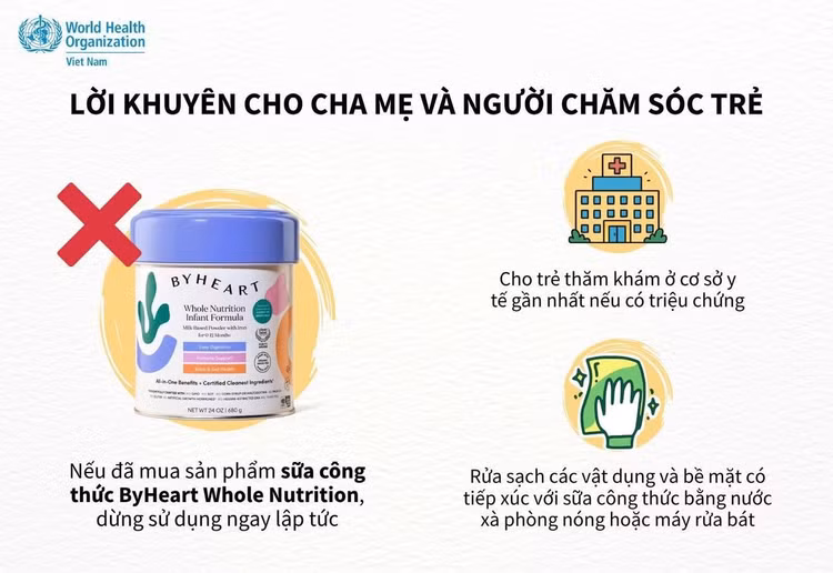 Tổ chức Y tế thế giới cảnh báo về sản phẩm sữa ByHeart Whole Nutrition Infant Formula bị nhiễm khuẩn. Ảnh: WHO