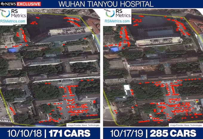 Covid-19 có thể xuất hiện ở Vũ Hán từ tháng 8/2019 ảnh 1 Số lượng xe trong các bãi đậu tại bệnh viện Thiên Hựu thay đổi rõ rệt thời điểm tháng 10/2018 và tháng 10/2019. Ảnh: ABC News.