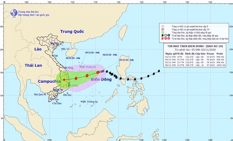 Bão số 10 di chuyển chậm, tăng cấp nhẹ khi vào gần bờ biển Quảng Ngãi - Khánh Hòa
