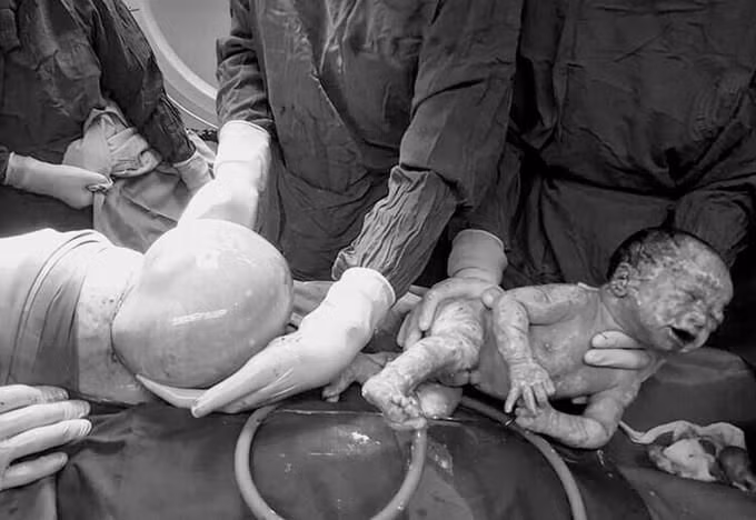 Một bé trong đôi song sinh chào đời nguyên bọc ối ảnh 1 Cặp song sinh chào đời, một em bé còn nguyên trong bọc ối. Ảnh: Bệnh viện cung cấp