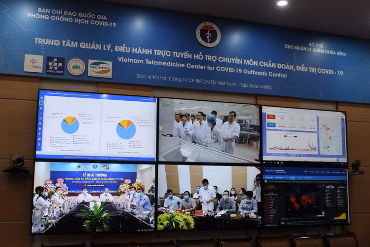 Trung tâm quản lý, điều hành trực tuyến hỗ trợ từ xa về chuyên môn chẩn đoán, điều trị COVID-19 đặt tại Bộ Y tế. Ảnh: VGP/Thúy Hà