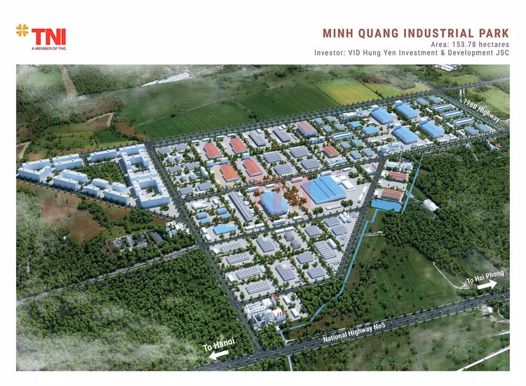 Phối cảnh KCN Minh Quang tại xã Bạch Sam, huyện Mỹ Hào, tỉnh Hưng Yên của tập đoàn TNG. Nguồn: website TNG