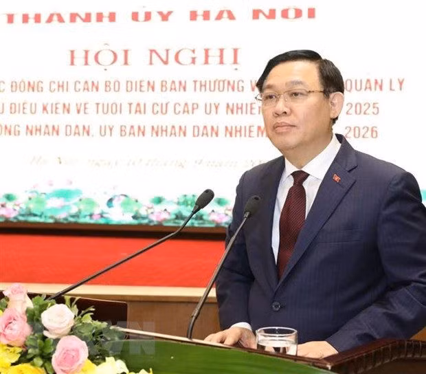 Bí thư Thành ủy Hà Nội Vương Đình Huệ phát biểu. (Ảnh: Văn Điệp/TTXVN)