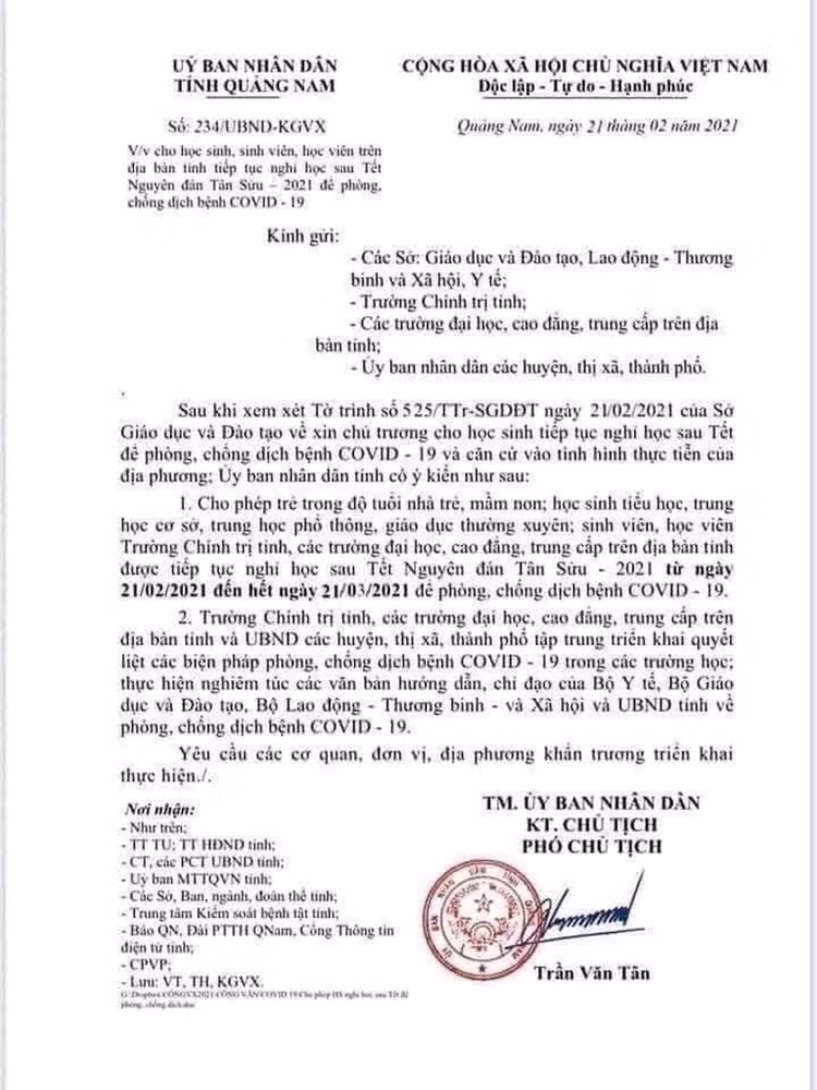 Quảng Nam: Xuất hiện văn bản giả cho học sinh nghỉ học đến ngày 21/3/2021 - 1