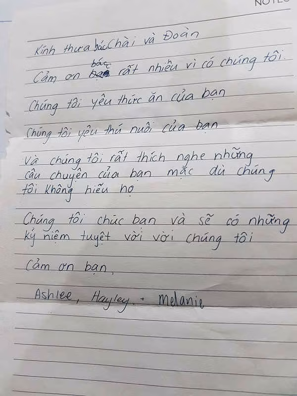 Lá thư tình cảm của ba du khách Hàn Quốc gửi ông bà Chài