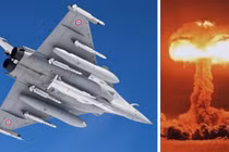 Máy bay Rafale mang tên lửa hạt nhân ASMP-A (bên trái) và vụ nổ hạt nhân.