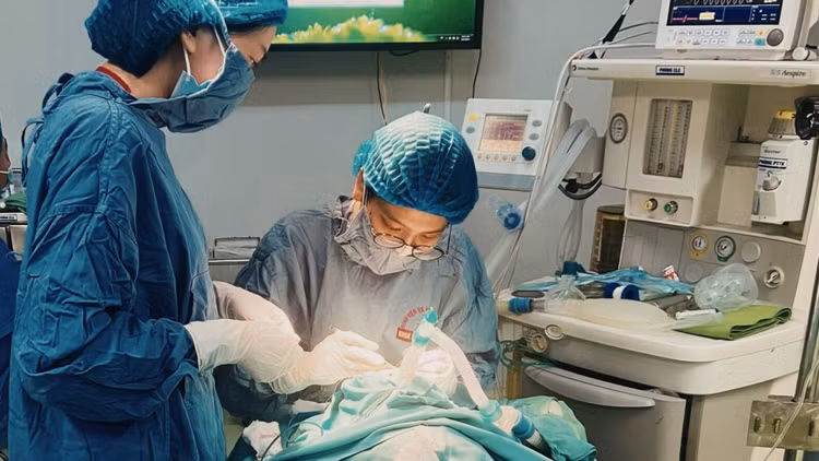 ThS BS Đinh Thị Mai Anh và BSCKI Nguyễn Thị Nhung đang thực hiện phẫu thuật cho cháu bé ThS BS Đinh Thị Mai Anh và BSCKI Nguyễn Thị Nhung đang thực hiện phẫu thuật cho cháu bé