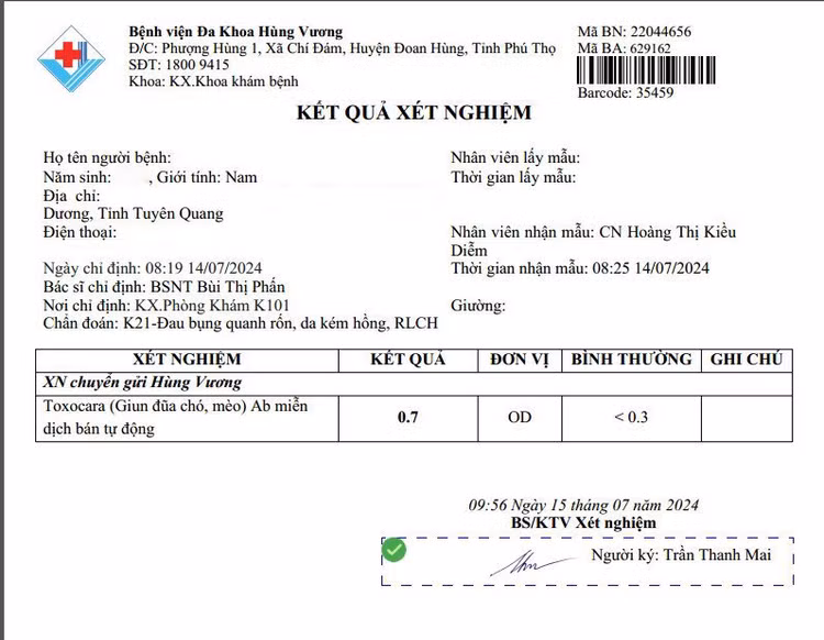 Kết quả xét nghiệm bệnh nhân bị nhiễm giun đũa chó mèo - Ảnh BVCC Kết quả xét nghiệm bệnh nhân bị nhiễm giun đũa chó mèo - Ảnh BVCC