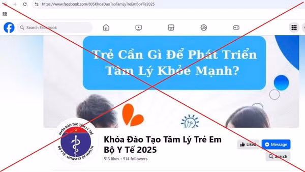 Fanpage mạo danh Bộ Y tế mở khoá đào tạo tâm lý cho trẻ. Ảnh chụp từ màn hình Fanpage mạo danh Bộ Y tế mở khoá đào tạo tâm lý cho trẻ. Ảnh chụp từ màn hình